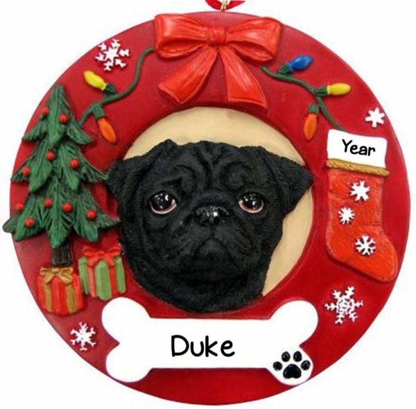 BLACK PUG Dog On Christmas Wreath Ornament