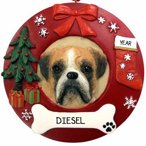 BOXER Dog With UNCROPPED Ears On Wreath Ornament
