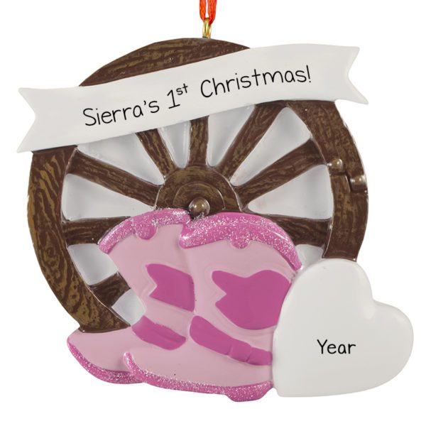 Cowgirl Baby's 1st Christmas PINK Boots Wagon Wheel Ornament