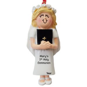 Image of Girl's First Communion Holding Bible Ornament BLONDE