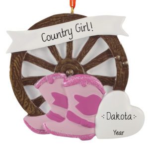 Country Girl PINK Boots On Wagon Wheel Personalized Ornament
