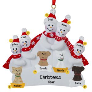 Personalized Snow Family Of 5 With 4 Pets Ornament