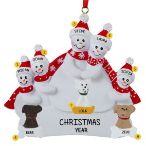 Personalized Snow Family Of 5 With 3 Pets Ornament