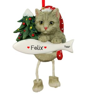 GRAY CAT Dangling Legs Christmas Ornament