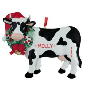 Cow Wearing Santa Hat And Christmas Wreath Ornament