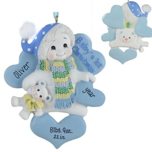 Baby BOY's 1st Christmas Snowbaby Teddy Bears & Hearts Ornament