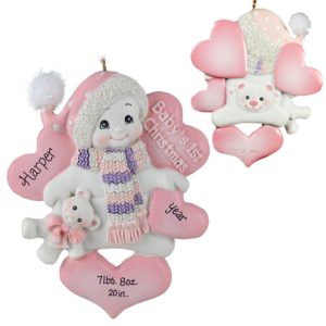 Baby GIRL'S 1st Christmas Snowbaby Holding Teddy Hearts Ornament