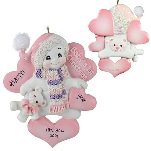 Baby GIRL'S 1st Christmas Snowbaby Holding Teddy Hearts Ornament