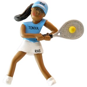 Tennis Player Female Holding Raquet BLUE Shirt Ornament African American