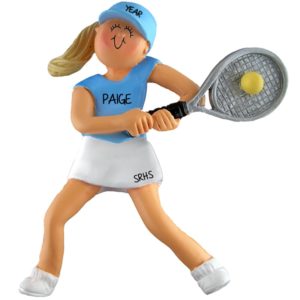 Tennis Player Female Holding Raquet BLUE Shirt Ornament BLONDE