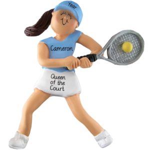 Tennis Player FEMALE Holding Raquet BLUE Shirt Ornament BRUNETTE