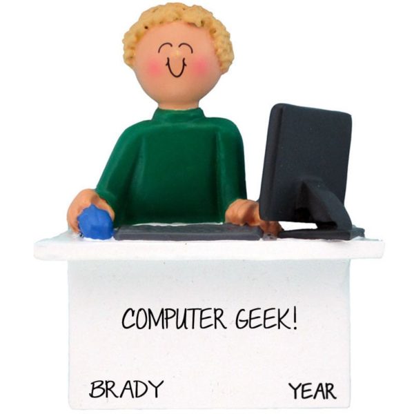 Personalized MALE Sitting At Computer Desk Ornament BLONDE