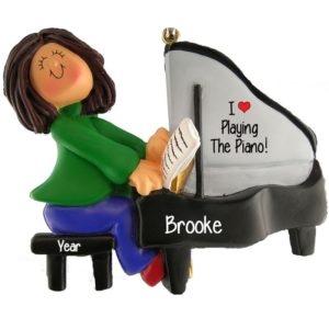 FEMALE Playing Piano Personalized Christmas Ornament BRUNETTE