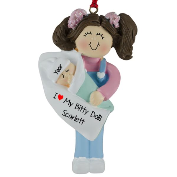 Personalized GIRL Holding Baby Doll Ornament BRUNETTE