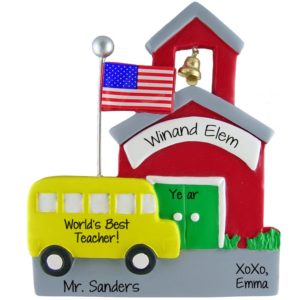 World's Best Teacher Schoolhouse Flagpole And Bus Ornament