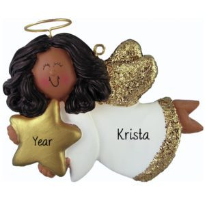 African American Female Angel Gold Glittered Wings Ornament