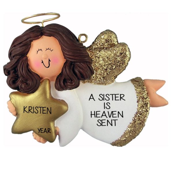 Image of Personalized Sister Angel Glittered Wings Ornament BRUNETTE
