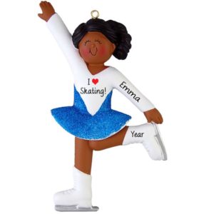 African American Personalized Ice Skater Blue Glittered Skirt Ornament