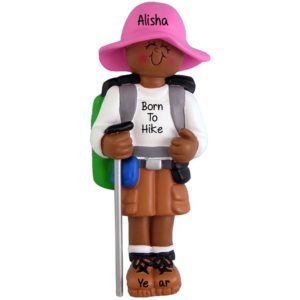 AFRICAN AMERICAN FEMALE Hiker Pink Hat Ornament