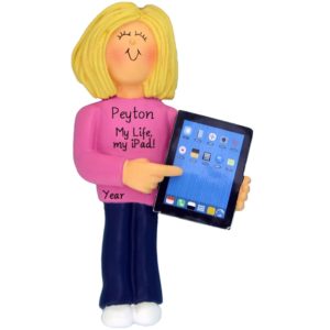 Personalized FEMALE Holding iPad Tablet Ornament BLONDE
