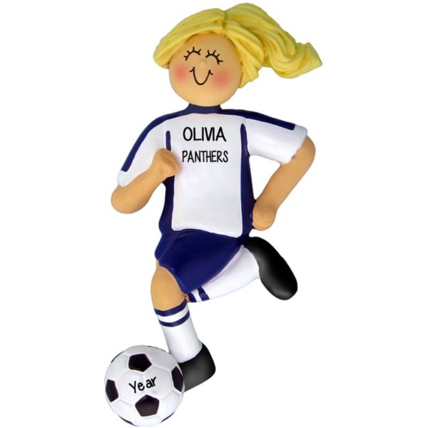 Image of Personalized Girl Soccer Dribbling Ball BLUE Shirt Ornament BLONDE