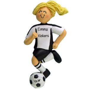 Personalized GIRL Soccer Dribbling Ball BLACK Shirt Ornament BLONDE