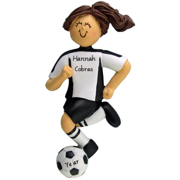 Image of Personalized GIRL Soccer Dribbling Ball BLACK Shirt Ornament BRUNETTE