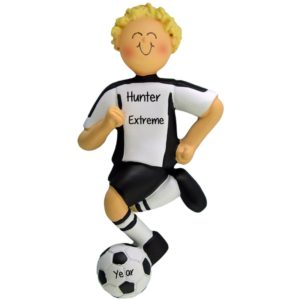 Personalized BOY Soccer Player BLACK Shirt Ornament BLONDE Hair