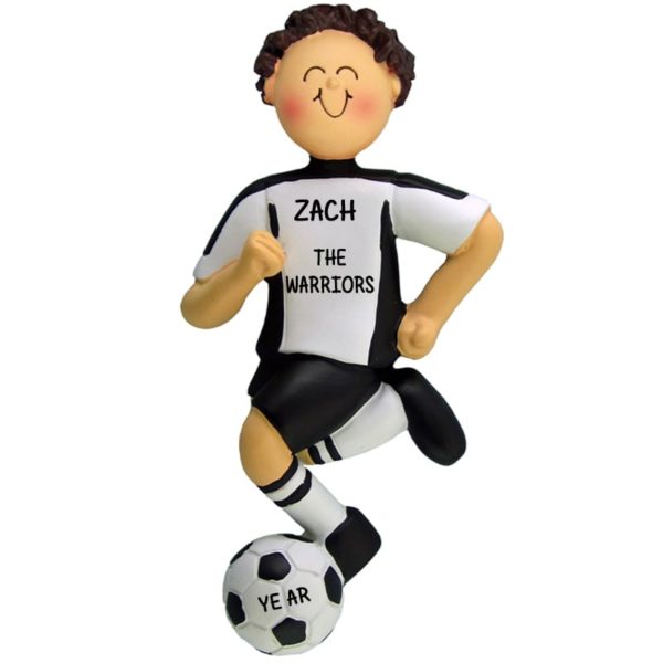 Image of Personalized BOY Soccer Player BLACK Shirt BROWN Hair Ornament