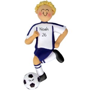 Image of Personalized Boy Soccer Player BLUE Shirt Ornament BLONDE Hair