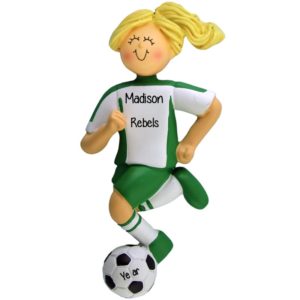 Personalized GIRL Soccer Dribbling Ball GREEN Shirt Ornament BLONDE