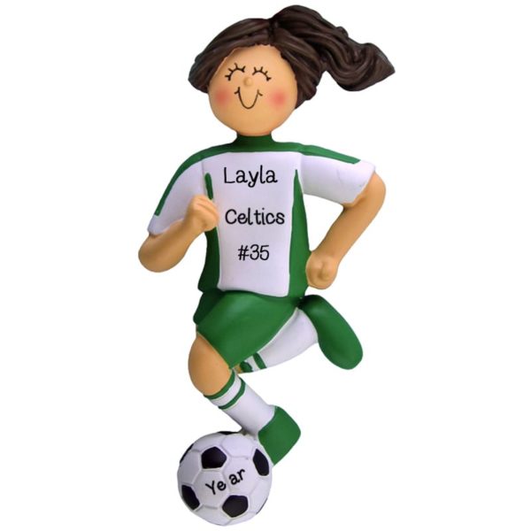 Image of Personalized GIRL Soccer Dribbling Ball GREEN Shirt Ornament BRUNETTE