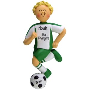 Personalized BOY Soccer Player GREEN Shirt BLONDE Hair Ornament