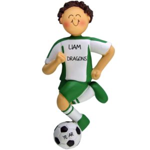 Personalized BOY Soccer Player GREEN Shirt BROWN Hair Ornament