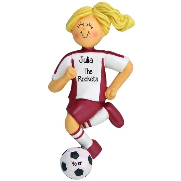 Personalized Girl Soccer Dribbling Ball RED Shirt Ornament BLONDE