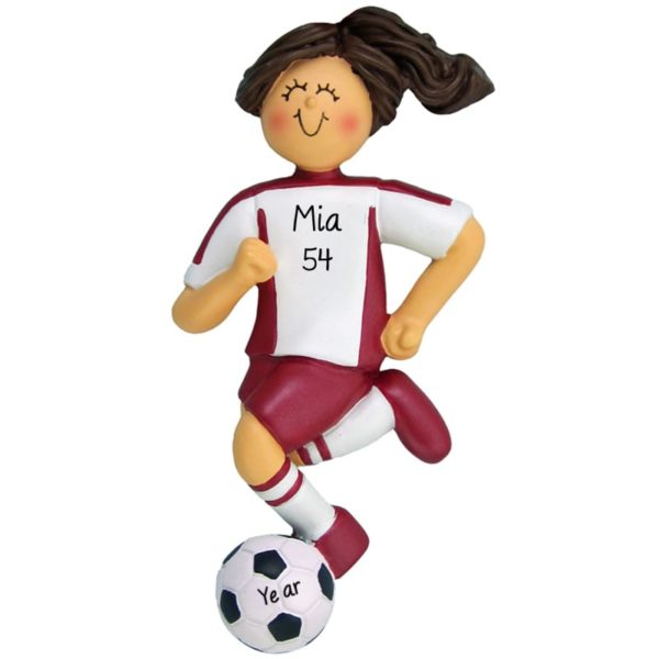 Image of Personalized Girl Soccer Dribbling Ball RED Uniform Ornament BRUNETTE