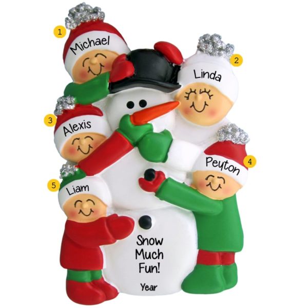 Image of Family Of 5 Building Snowman Personalized Ornament