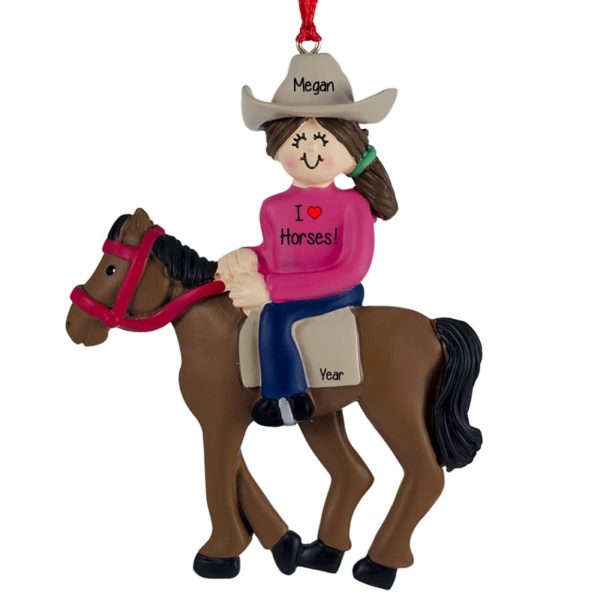 FEMALE Horseback Rider PINK Shirt Christmas Ornament BRUNETTE