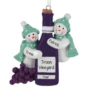 Winery Snow Couple Holding RED Bottle Souvenir Ornament