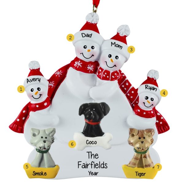 Snow Family Of 4 + 3 Pets Red Scarves Ornament