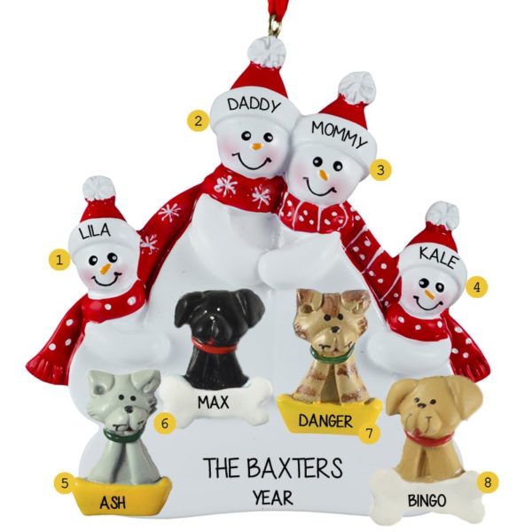 Snow Family Of 4 + 4 Pets Red Scarves Ornament