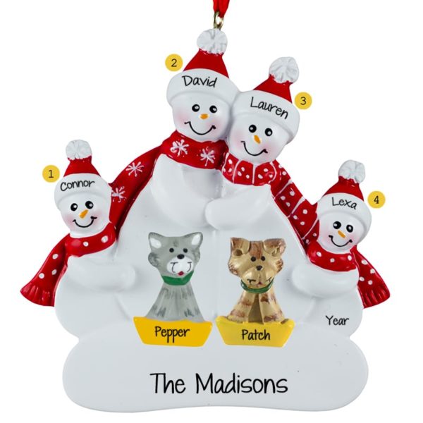 Snow Family Of 4 With 2 CATS Christmas Ornament