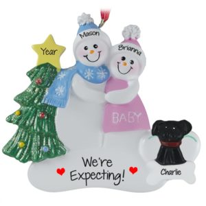 Image of Personalized Pregnant Snow Couple With Dog Ornament PINK Dress