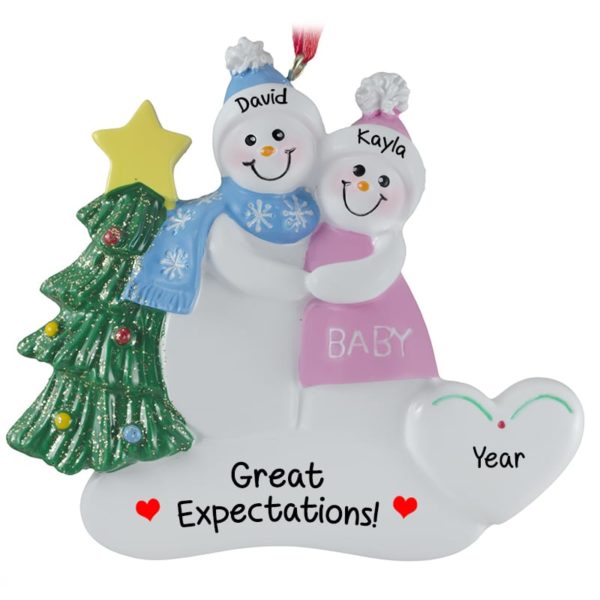 Great Expectations! Pregnant Snow Couple Ornament PINK DRESS