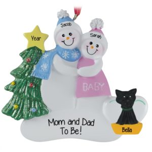 Pregnant Snow Couple With CAT Ornament PINK Dress