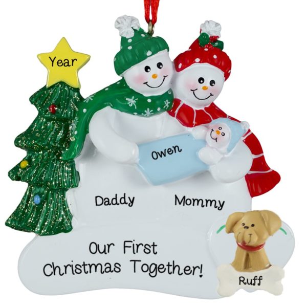 Personalized Snow Couple Holding Baby BOY+ DOG Ornament