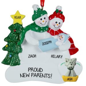 Personalized Snow Couple Holding Baby BOY+ CAT Ornament