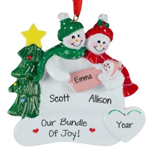 Snow Couple New Parents Holding Baby GIRL Ornament