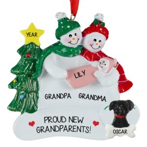 Grandparents Snow Couple With Baby GIRL + Dog Ornament