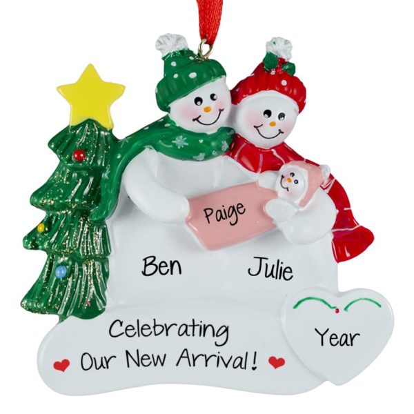 Snow Couple Holding Baby GIRL Adoption Ornament
